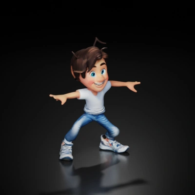 Cartoon boy character, playful pose, modern casual outfit.