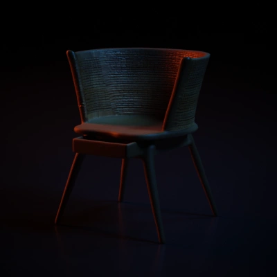 Wooden chair with woven backrest, four legs, open drawer.