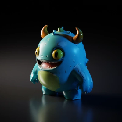 Cute rotund monster with horns, wide eyes, spiky texture.