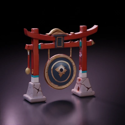 Large gong with traditional supports.