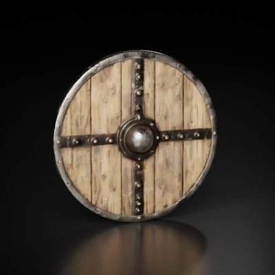 Traditional Viking shield, wooden planks, metal reinforcements.