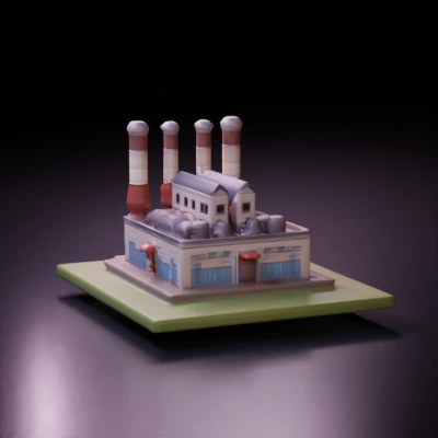 Isometric factory building, detailed design, pipes, tanks.