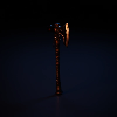 Battle axe with skulls and intricate handle.