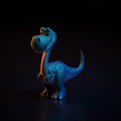 Cartoon dinosaur with friendly expression.