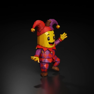 Jester banana character in costume.