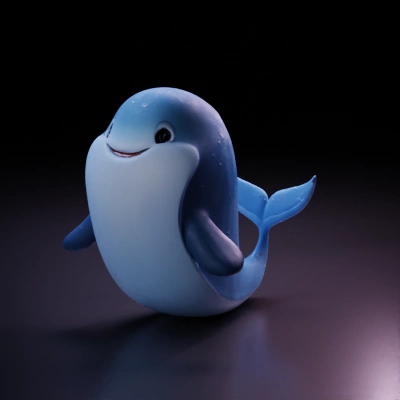 Cartoon smiling whale-like character.