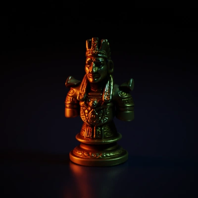 Ancient warrior statue with detailed features.