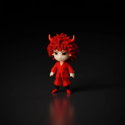 Chibi-style character with red spiky hair, devil horns, wearing dojo training gear, martial arts.