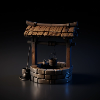 Traditional stone well with wooden roof.