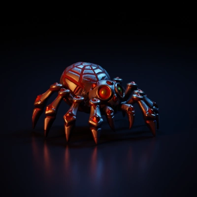 robotic spider with red eyes.
