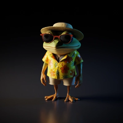 Anthropomorphic frog in summer outfit.