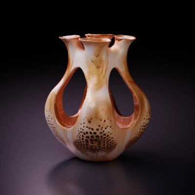 Ornately carved vase with multiple flutes and holes in the bottom section