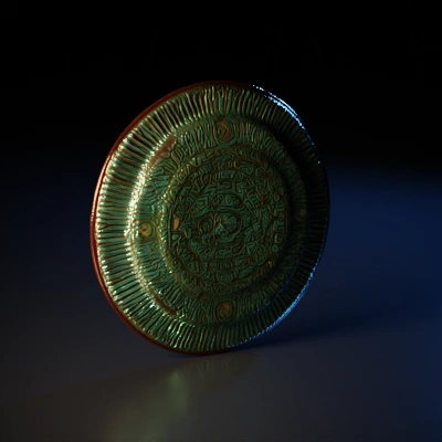 Intricately designed ceramic plate with calligraphy.