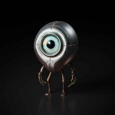 Cyclopean robot with articulated legs, one large eye.