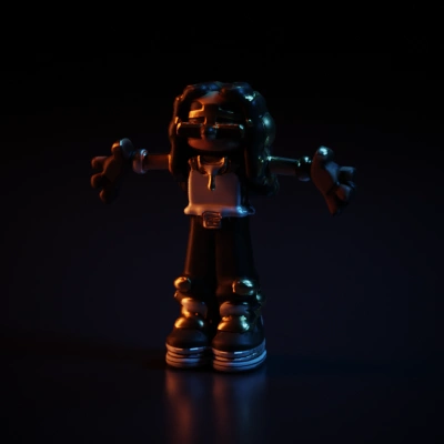 Cartoon humanoid figure with dreadlocks, wearing sunglasses and jewelry.