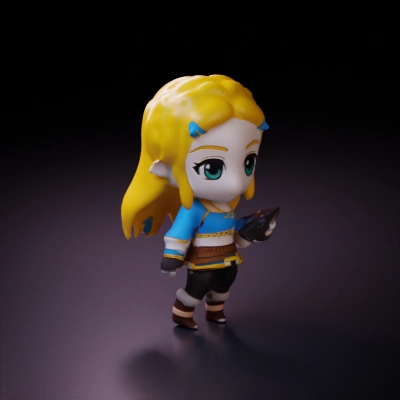 Chibi anime character holding a small device, detailed outfit.