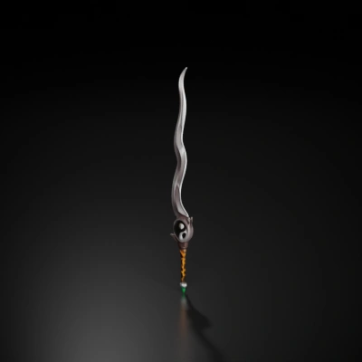 Long, curved blade with intricate design, fantasy weapon.