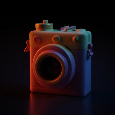 Cartoonish camera with large lens. pink and yellow color, PVC texture, glass lens.