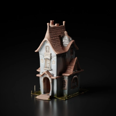 Whimsical fairytale house with eccentric architecture.
