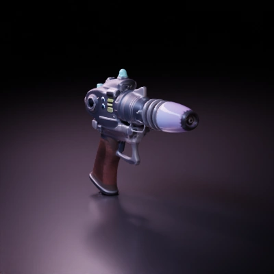 Futuristic ray gun, compact, details near trigger.
