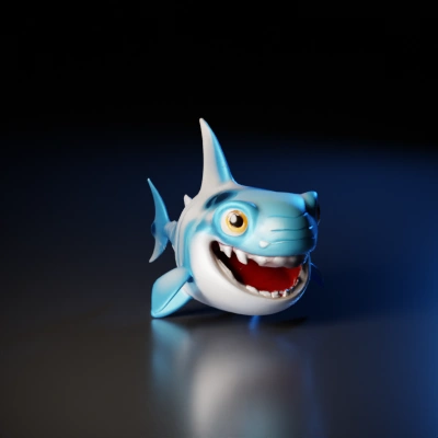 Cartoonish shark with big eyes and a large mouth.