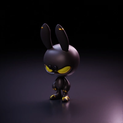 Dark rabbit-like menacing cartoon character, glowing eyes.