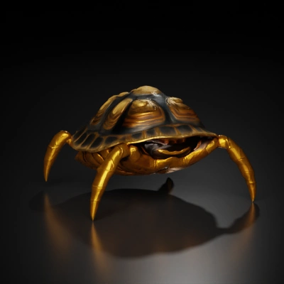 Turtle-like insect creature, detailed shell, spiky spider legs, no visible head,.