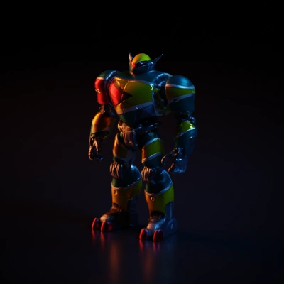 Battle-ready robot with distinctive armor design.
