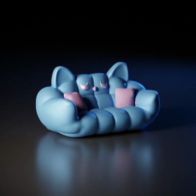 Couch shaped like a cat with cushions.