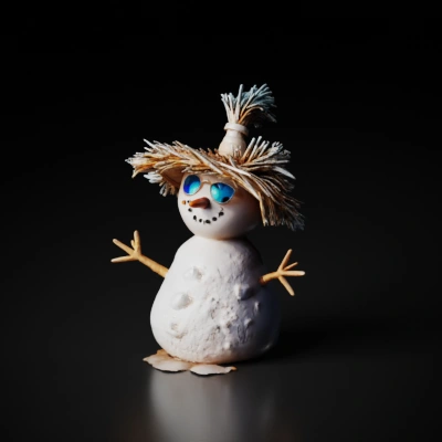 Snowman made from sand, wearing sunglasses and hat.