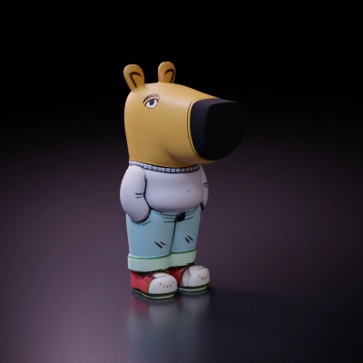 cartoon bear character in casual clothing.