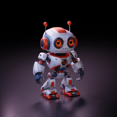 Robot with glowing eyes, childlike design, futuristic tech.