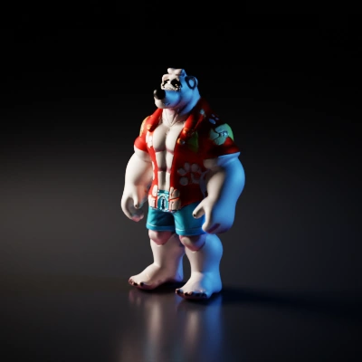 Bodybuilding anthropomorphic bear in Hawaiian shirt, muscular build.