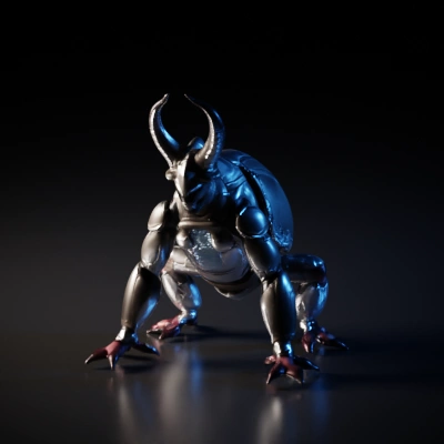 Robotic creature with horned head and four legs.