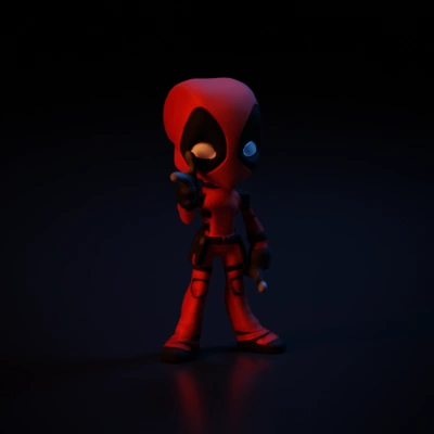Deadpool-like chibi character, cartoonish superhero design.