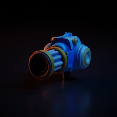 Gatling gun-like object with lens, futuristic design.