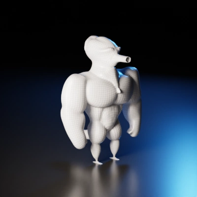 Bulky humanoid figure with multiple limbs, steampunk accessories.