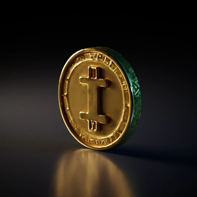 Bitcoin symbol, circular coin design, letters around it.