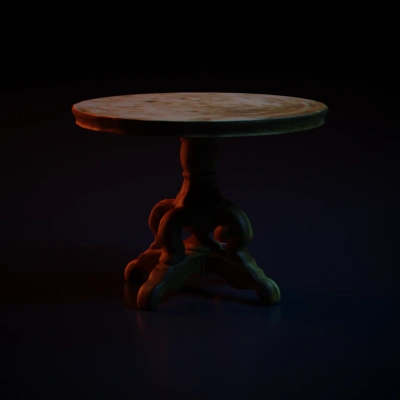 Round wooden table with ornate legs.
