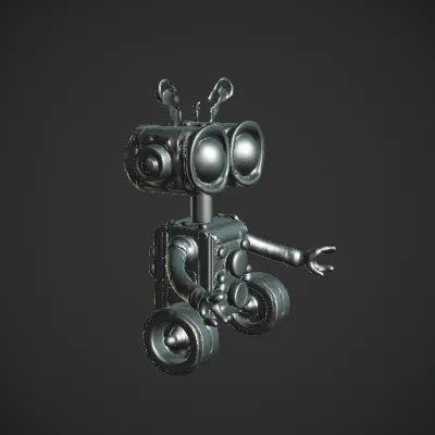 Robot with large eyes and springy appendages. symmetric geometry, smooth edges, complex geometry, character