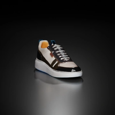 A sneaker on display.