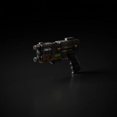 Futuristic sci-fi handgun with mechanical details.