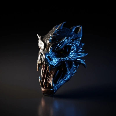 Dragon-shaped mechanical head, detailed and menacing.