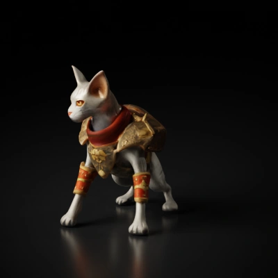 Armored anthropomorphic cat warrior with red scarf.