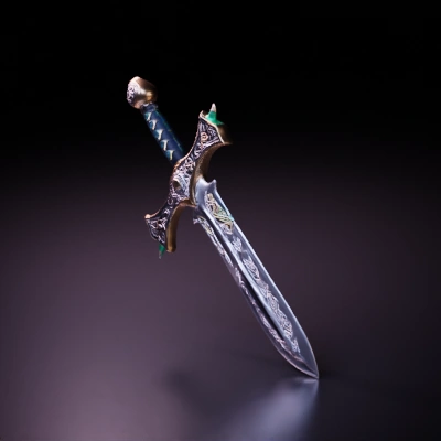 Ornate medieval sword with intricate details, emerald decor.