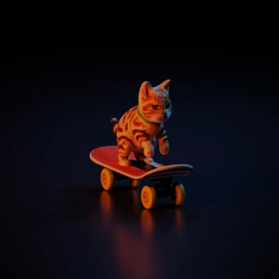 Cat riding skateboard.