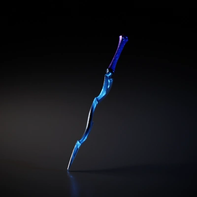 Curved fantasy sword with an ornate handle.