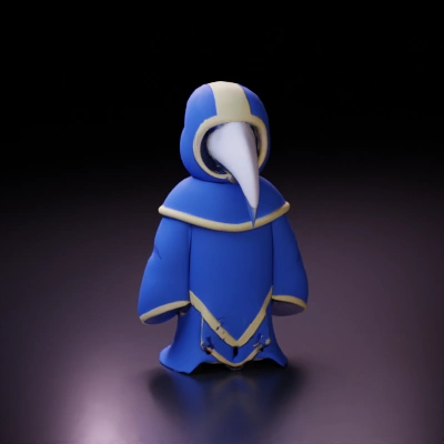 Plague doctor in blue robe, bird-like mask.