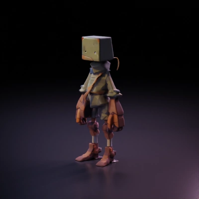cardboard Box-headed robot with mechanical limbs.