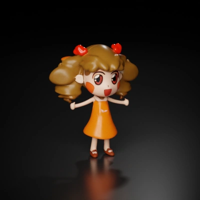 Cartoon girl with large eyes and heart antennae. 
"K" letter in front of the shirt